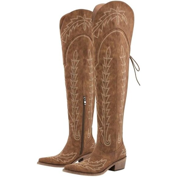 ⚡Women's Brown Western Cowgirl Boots Thigh High Wide Calf Embroidered Pull On - Picture 1 of 6